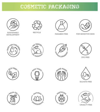 Doğal organik kozmetik ürünler, vegan gıda sembolleri. Paketleme için ince işaretler