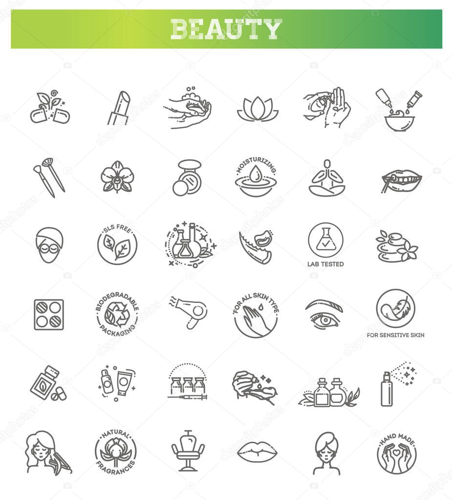 Beauty vector outline icons set. Beauty treatment