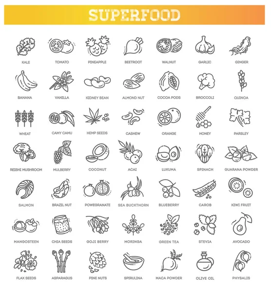 Superfoods γραμμή διανυσματικά εικονίδια. Οργανικές υπερτροφές — Διανυσματικό Αρχείο