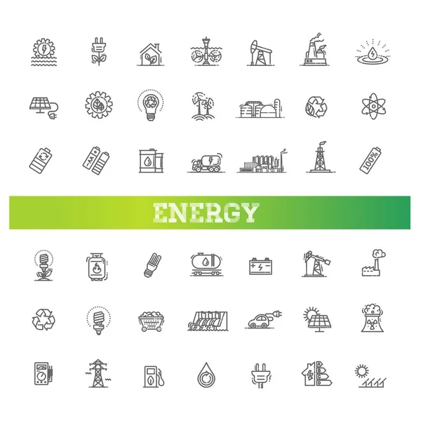 Conjunto Iconos Línea Fina Energía Limpia Verde — Vector de stock