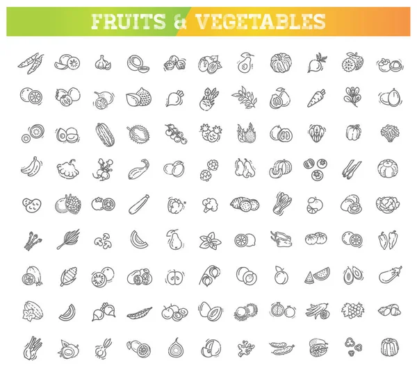 100 Voedsel Dunne Lijn Pictogrammen Groenten Fruit — Stockvector