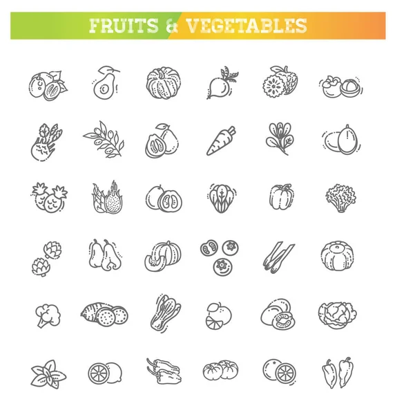 Alimentos Iconos Línea Delgada Frutas Hortalizas — Archivo Imágenes Vectoriales