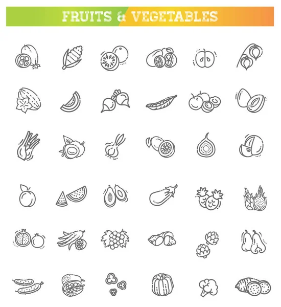 食物细线图标 水果及蔬菜 — 图库矢量图片