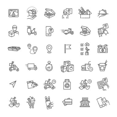 Yemek servis ikonları ayarlandı. Gıda dağıtım vektör simgelerinin ana hatları