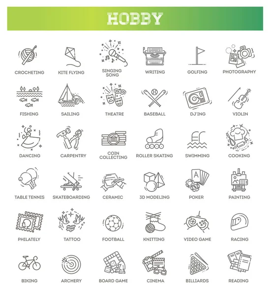 Aficiones e intereses iconos de línea detallados establecidos en estilo de icono de línea moderna — Vector de stock