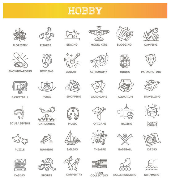 Hobbies and interest detailed line icons set in modern line icon style