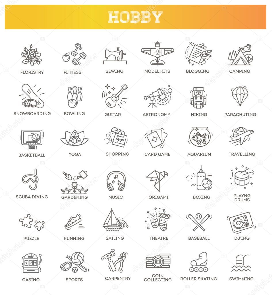 Hobbies and interest detailed line icons set in modern line icon style