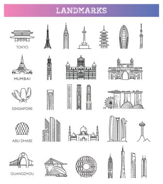 Küresel turistik Asya simgelerini ve tatil beldelerini temsil eden basit doğrusal vektör simgesi