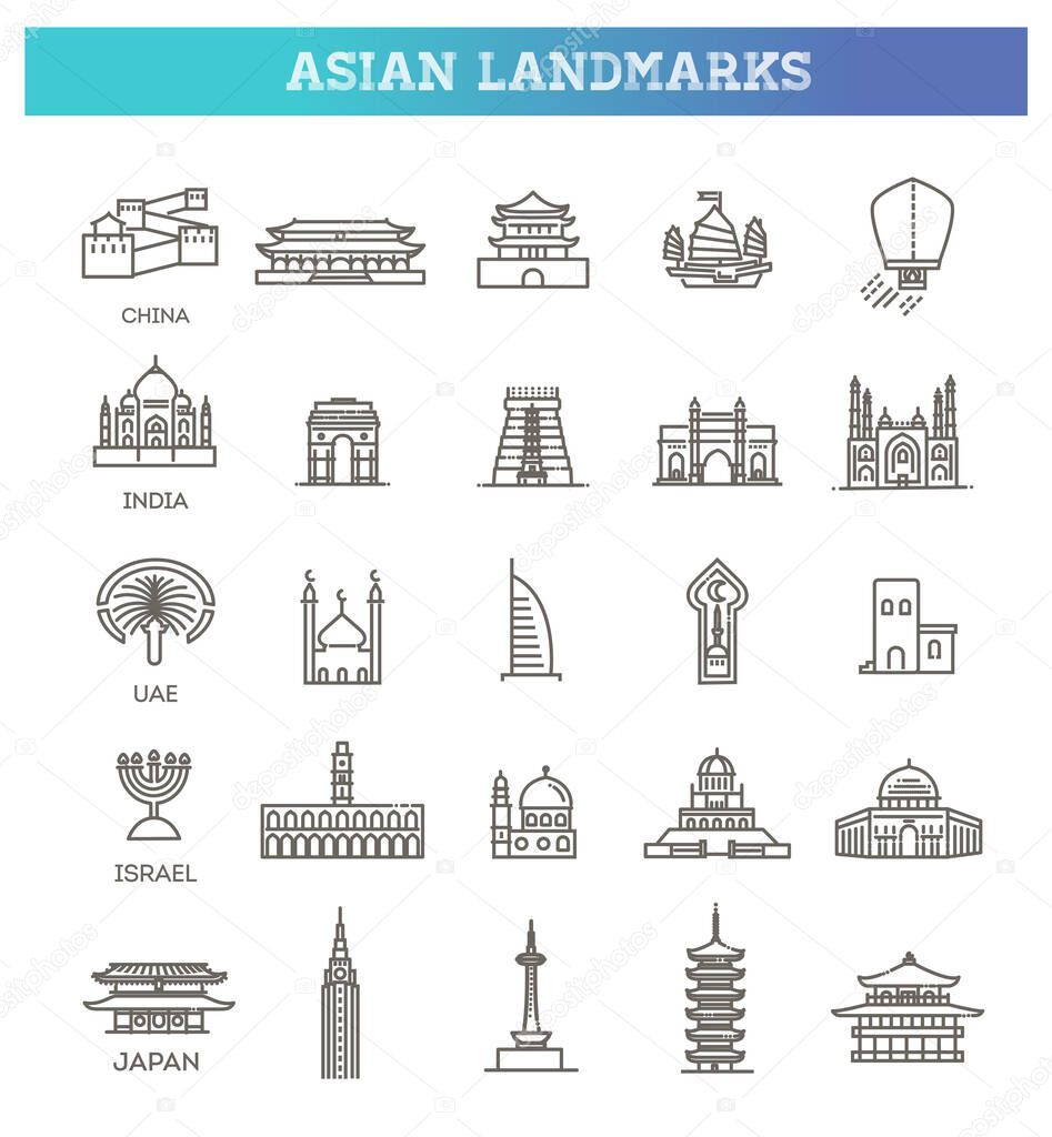 Simple linear Vector icon set representing global tourist asian landmarks and travel destinations for vacations