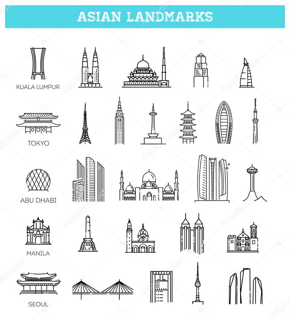 Simple linear Vector icon set representing global tourist asian landmarks and travel destinations for vacations