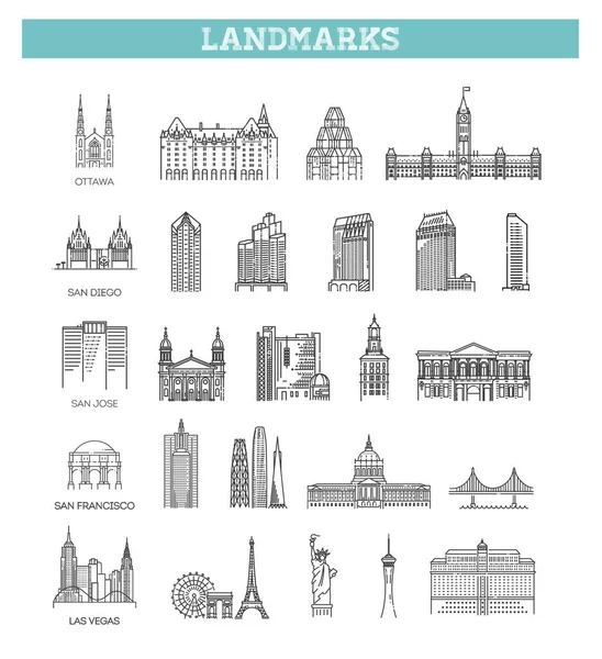 Simple linear Vector icon set representing global tourist american landmarks and travel destinations for vacations — Stock Vector