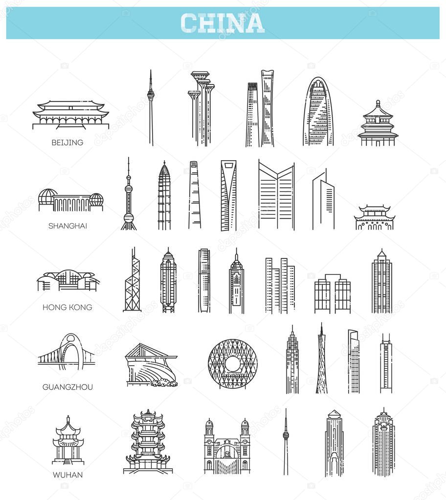 Flat line design style vector illustration icons set and logos of top tourist attractions, historical buildings, towers