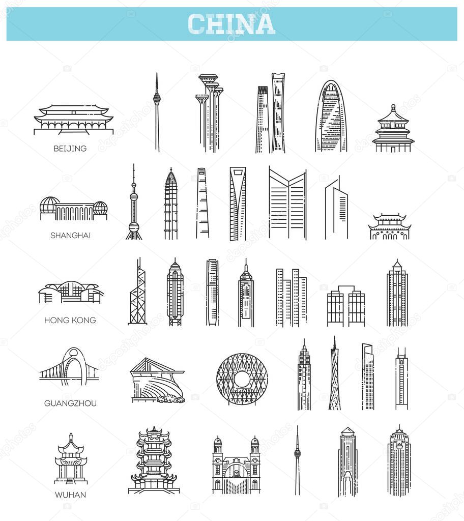 Simple linear Vector icon set representing global tourist asian landmarks and travel destinations for vacations