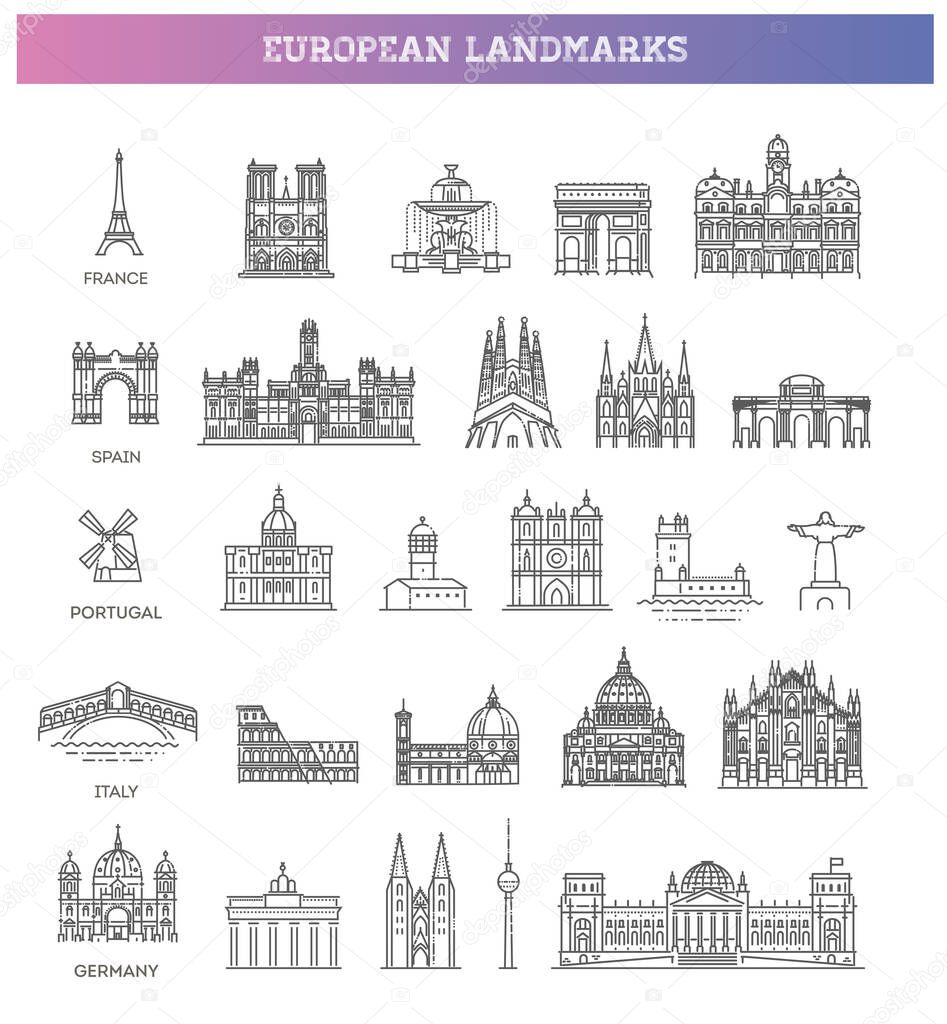 Simple linear Vector icon set representing global tourist european landmarks and travel destinations for vacations.