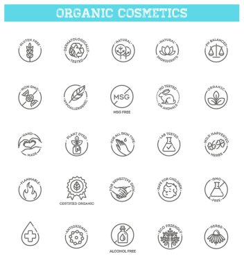 Doğal organik kozmetik ürünler, vegan gıda sembolleri. Paketleme için ince işaretler