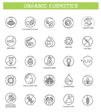 Doğal organik kozmetik ürünler, vegan gıda sembolleri. Paketleme için ince işaretler
