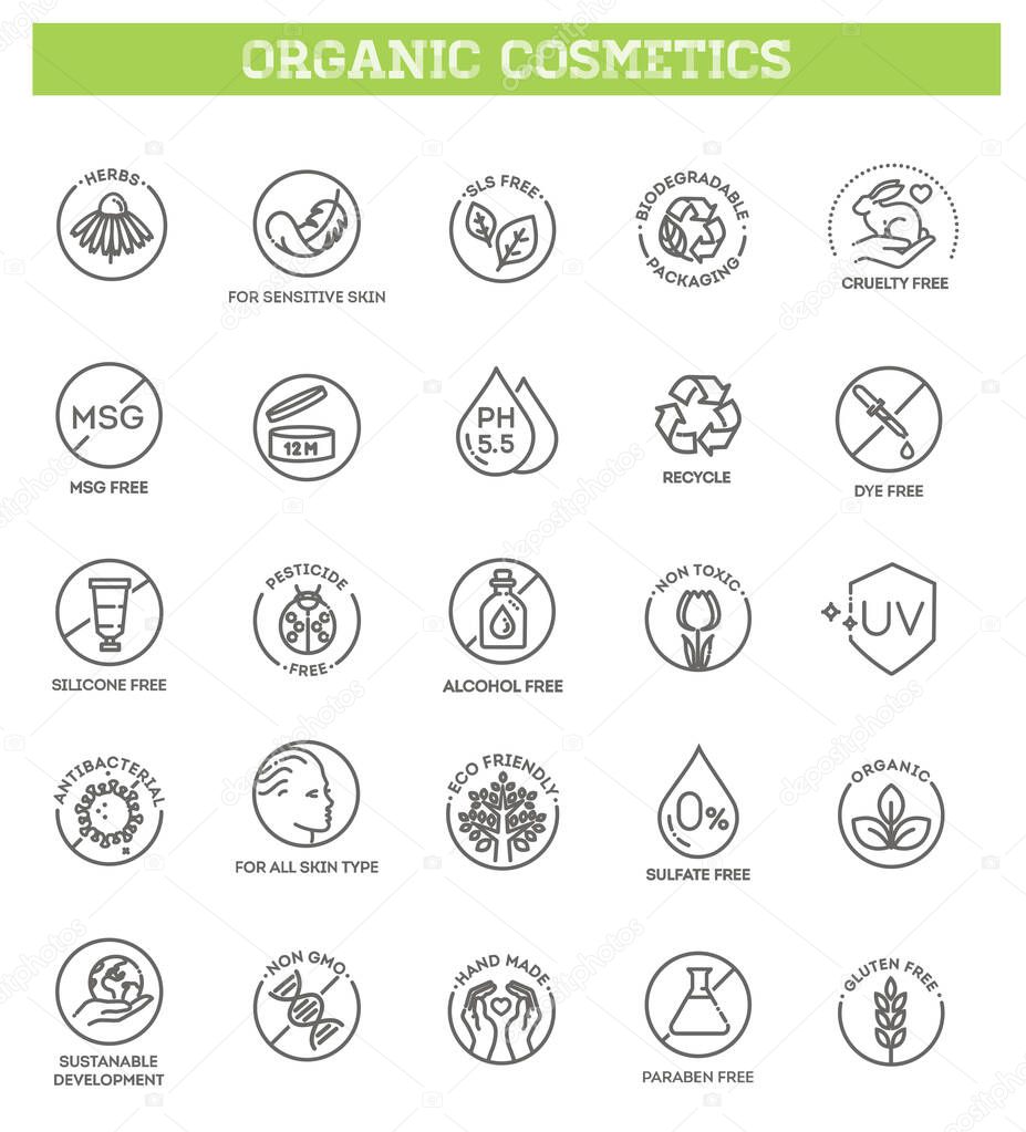 Natural organic cosmetics, vegan food symbols. Thin signs for packaging