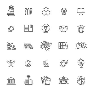 Taslak ince vektör simgesi koleksiyonu. Okul eğitimi