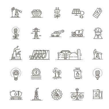 Temiz enerji ve Yeşil enerji ince çizgi simgeleri ayarlandı