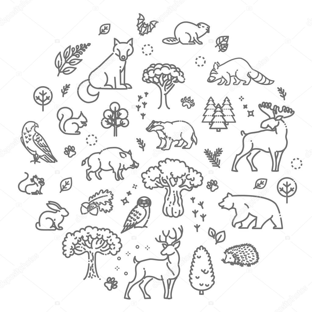 Line forest wildlife concept with different animals