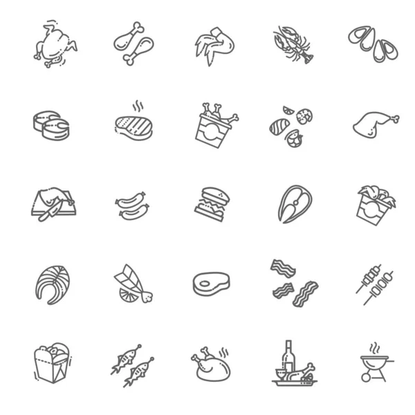 Línea Conjunto Iconos Planos Sobre Carne — Vector de stock