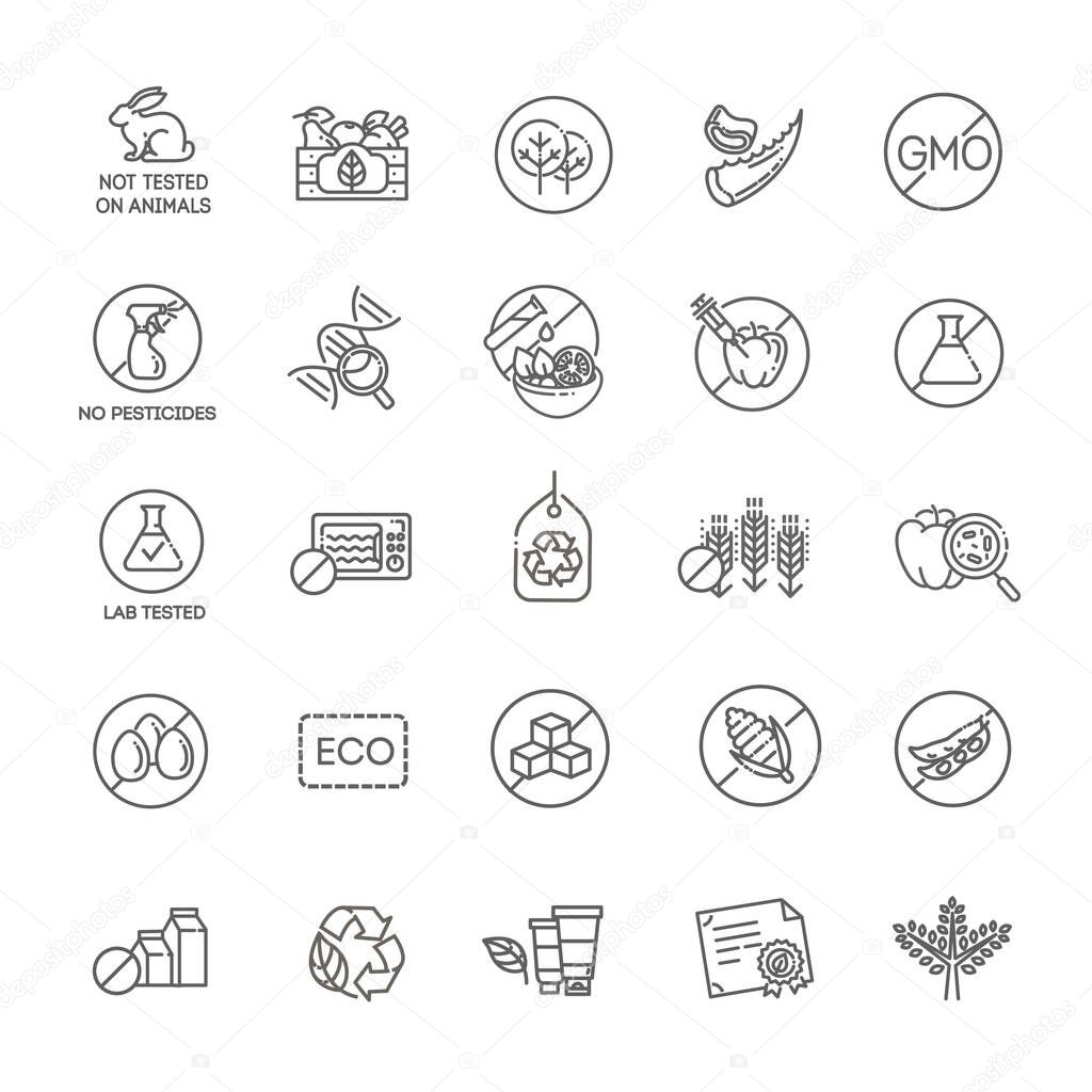 Natural food flat line icons set. Thin signs for packaging
