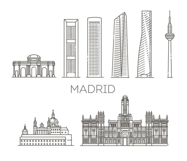 Skyline di Madrid, Spagna. Illustrazione vettoriale, line art — Vettoriale Stock