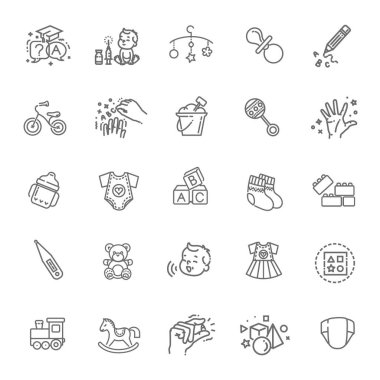 Outline web icon set. Baby toys, feeding and care clipart