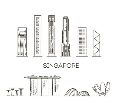 Singapur mimari satır manzarası illüstrasyon. Doğrusal vektör cityscape ünlü simge ile