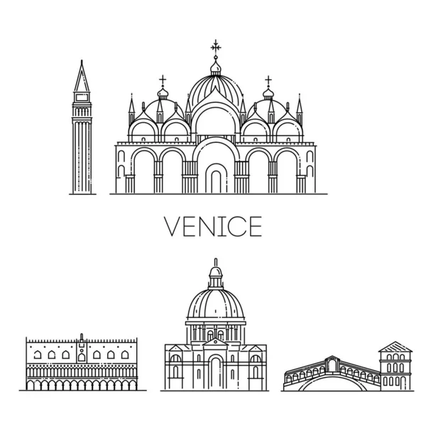 Venise Illustration Line Art Vector Avec Tous Les Bâtiments Célèbres — Image vectorielle