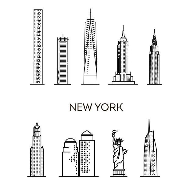 矢量图解 纽约建筑线条的天际线图解 具有著名地标的线性矢量城市景观 — 图库矢量图片