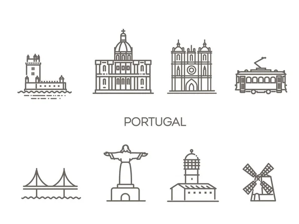 葡萄牙建筑线条天际线图解 具有著名地标的线性矢量城市景观 — 图库矢量图片