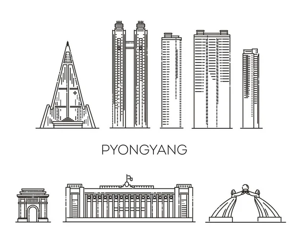 Иллюстрация Линии Горизонта Пхеньянской Архитектуры Линейный Векторный Городской Пейзаж Известными — стоковый вектор