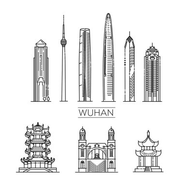 Wuhan, Çin, Tüm ünlü binalarla Çizgi Sanat Vektörü illüstrasyonu
