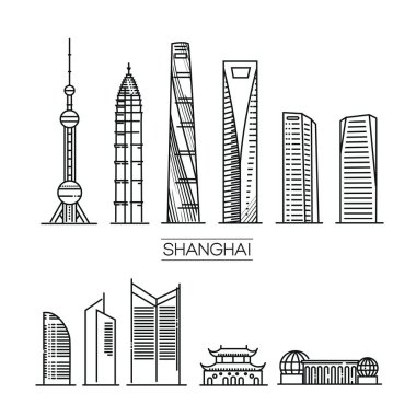 Shanghai anıtların siluetini detaylandırdı. Vektör illüstrasyonu
