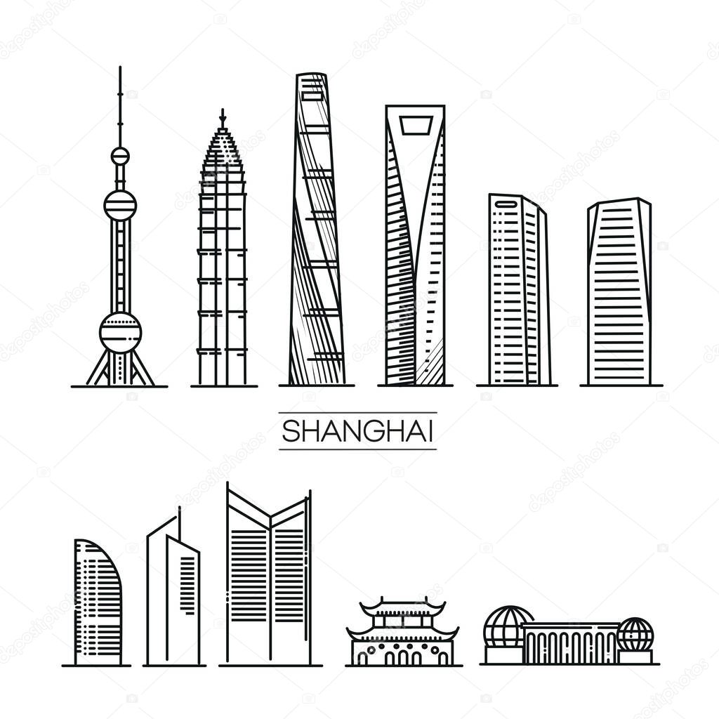 Shanghai detailed monuments silhouette. Vector illustration