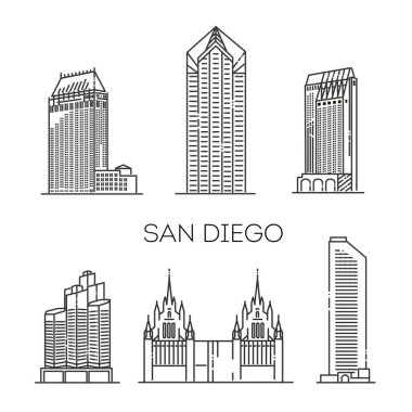 San Diego mimari çizgisi ufuk çizgisi çizimi. Ünlü simgeleri olan doğrusal vektör şehir manzarası
