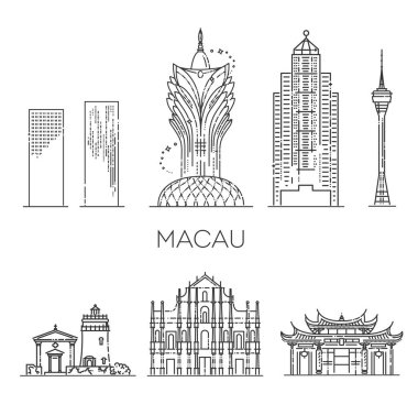 Macau silueti, Çin. Vektör illüstrasyonu, satır sanatı