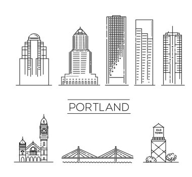 Portland, Oregon, detaylı anıtlar silueti. Vektör illüstrasyonu