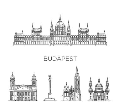 Budapeşte, Macaristan, şehir vektör çizimi, sembol, seyahat manzarası, simgeler