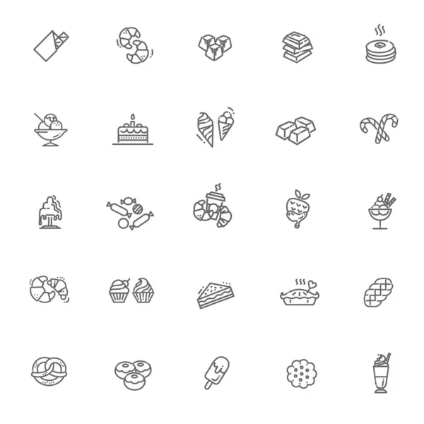 Establecer iconos de línea vectorial en el diseño plano de chocolate, postre y dulces — Vector de stock