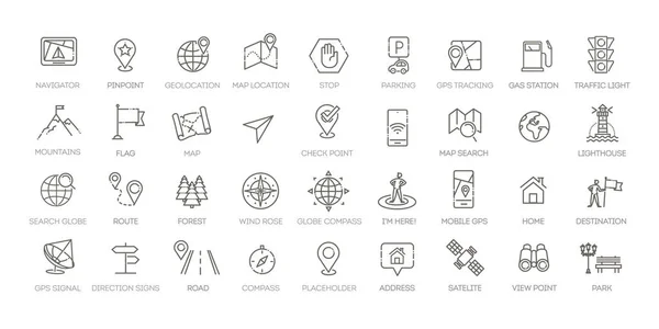 Navegación, ubicación, elementos GPS - conjunto de iconos web de línea delgada — Vector de stock