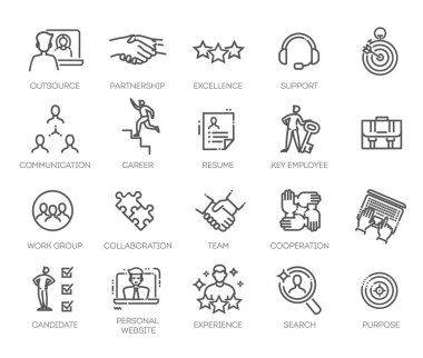 İş adamları, insan kaynakları, ofis yönetimi - ince çizgi web simgesi seti