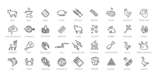 Meat, poultry, fish and eggs - minimal thin line web icon set — Stock Vector