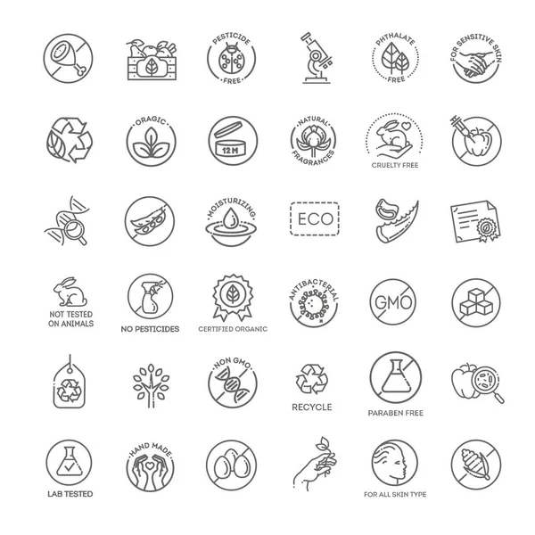 Conjunto de iconos de línea plana de alimentos naturales. Signos delgados para el embalaje — Vector de stock