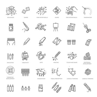 Anaokulu eğitimi. Çocuk gelişimi. Vektör simgeleri ayarlandı