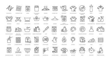 Deterjan, kumaş yumuşatıcı, çamaşır suyu, leke çıkarıcı, çamaşır makinesi, kurutma makinesi ve çamaşır ipiyle çamaşır ikonu seti