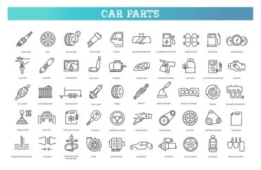 Araba Parçaları Simgeleri Ayarlandı. Otomotiv Yedek Parça Satır Simgeleri, Araç Servisi ve Onarım Sembolleri