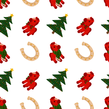 Tasarım kırmızı atlar, Noel ağaçları ve at nalları ile neşeli bir tekrarlama deseni sergiliyor. Yeni yıl ve Noel dekorasyonu için mükemmel. Parlak renkler her ortama neşe katar.