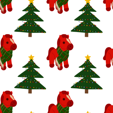 2026 'nın kırmızı at sembolünü süslenmiş Noel ağaçlarıyla eşleştiren kusursuz şenlik deseni. Tekstil, hediye paketi, tatil kartları ve kış temalı tasarımlar için mükemmel..